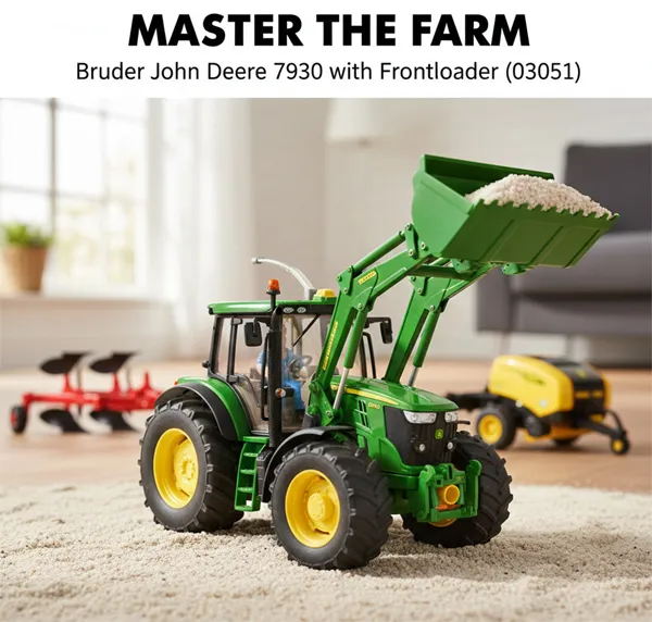 A highly detailed Bruder John Deere 7930 tractor with a functional front loader in a realistic farm setting.