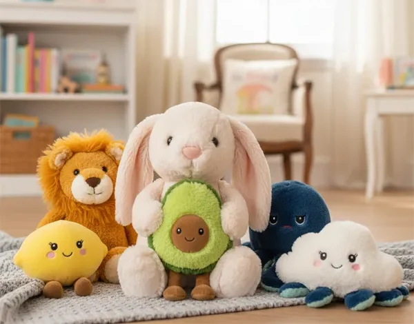 A collection of various Jellycat plush toys including the iconic Bashful Bunny and Amuseable avocado in a stylish London-inspired setting.