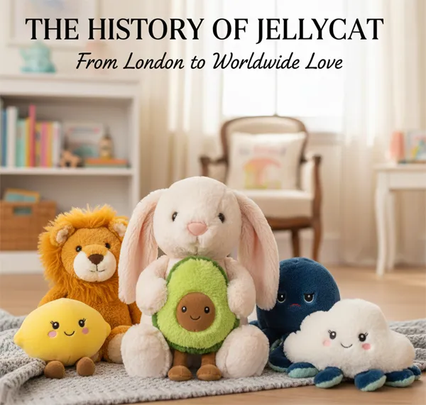The History of Jellycat: From London to Worldwide Love 1 A collection of various Jellycat plush toys including the iconic Bashful Bunny and Amuseable avocado in a stylish London-inspired setting.